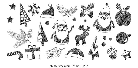 Navidades lápiz doodle icono, línea de tiza de invierno de Navidad conjunto. Pincel de decoración de Festiva dibujado a mano. Crayón de Santa Claus, caja de regalo, reno, bola, copo de nieve, sombrero, abeto. Ilustración vectorial de carbón de temporada