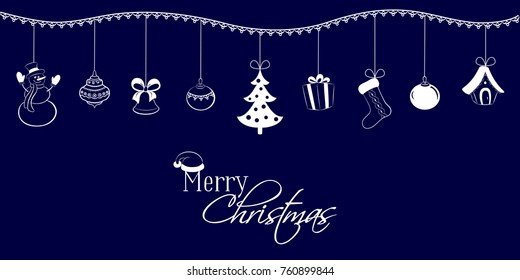 Christmas pendants on a dark blue background. Snowman, bell, ball, tree, gift, sock, fairy tale house. Congratulatory inscription in the cap of Santa. Vector illustration for your design.