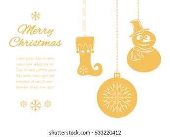 Christmas pendants: a snowman in hat and scarf, ball and a stocking. Universal border, isolated on white background with place for your text. Vector illustration.