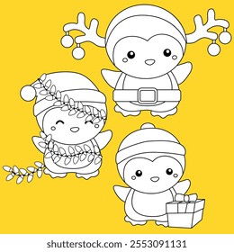 Christmas Penguin Animal Winter Holiday Season Cartoon Digital Stamp Outline