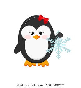Christmas penguin baby girl holding snowflake isolated on white background. Winter penguin with red bow tie on head. Flat design cartoon style vector animal bird character illustration.