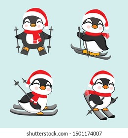 Christmas Penguin with Santa’s Cap, Red Scarf and skiing. 