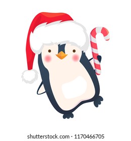 Christmas penguin cartoon illustration. Penguin with christmas candy