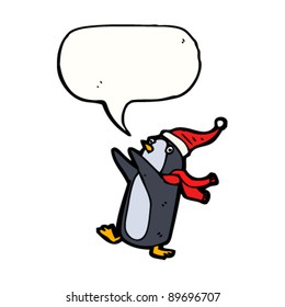 caricatura de pingüino navideño con burbuja de habla