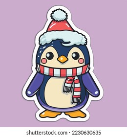 Christmas penguin cartoon sticker, xmas penguin in hat stickers pack. Winter holidays