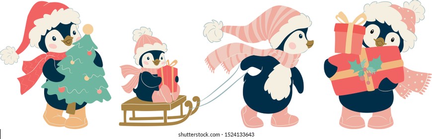 Christmas penguin character. Cute penguin vector illustration set