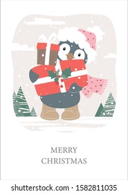 Carácter de pingüino de Navidad. Ilustración vectorial de pingüino mate