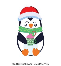 Christmas penguin character in green hat and scarf holding cup of cocoa