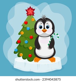 Christmas penguin character. Happy new year penguin design with seasonal tree. Stock holiday vector animal illustration