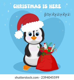 Christmas penguin character. Happy new year penguin design with gift bag. Stock holiday vector animal illustration.