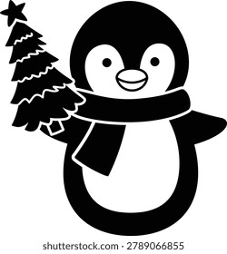 Christmas Penguin character holding a Christmas tree silhouette. 
Holiday Penguin black clipart  isolated. 
Cute winter christmas penguin  vector element. 
Transparent background. 