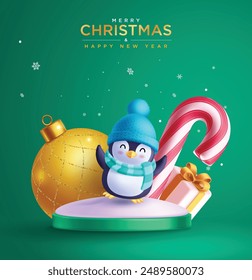 Christmas penguin character vector design. Merry christmas greeting text with podium stage decoration for product display presentation in green background. Vector illustration holiday season promotion