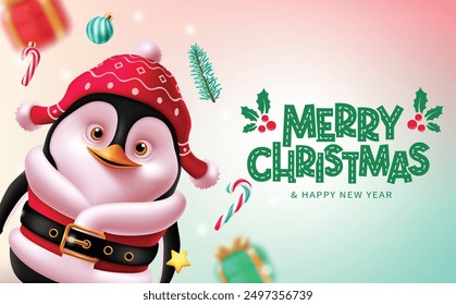 Weihnachtspinguin Charakter Vektordesign. Fröhlicher Weihnachtsgrußtext mit Weihnachtskugel, Zuckerrohr, Fichte und niedlichem freundlichem Pinguincharakter auf unscharfem Hintergrund. Vektorgrafik-Urlaub 