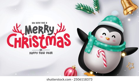 Christmas penguin character vector design. Merry christmas greeting text in empty space snowy bokeh background with xmas elements like spruce leaves, bell, ball and star. Vector illustration new year 