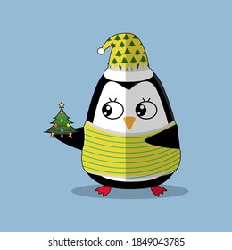 Christmas Penguin Character Vector Flat Background