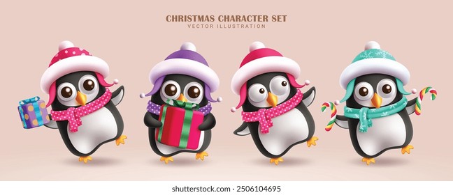 Christmas penguin character vector set design. Penguin characters in happy pose, cute smiling, friendly waving, standing and holding gift box and candy cane elements isolated in pink  background. 