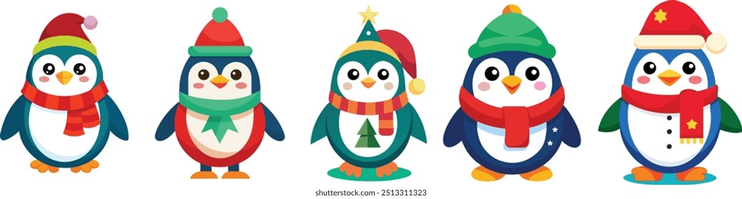 Design de conjunto de vetor de pinguins de Natal. Personagens de pinguim em pose feliz, sorridente bonito, acenando amigável, de pé e segurando caixa de presente e elementos de cana de doces isolados no fundo Whit.