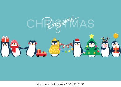 Christmas penguin characters. Penguins cartoon Vector illustration. 