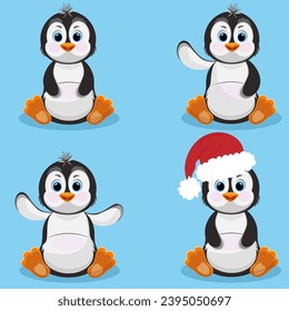 Christmas penguin characters set. Happy new year penguins design. Stock holiday vector animal illustrations on blue background.