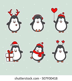 Christmas penguin characters - Set of winter cartoon  patches, badges, and pins. Cute flat  vector animal stickers