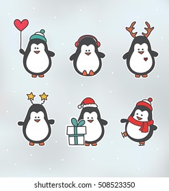 Christmas penguin characters - Set of winter cartoon patches, badges, and pins. Cute flat vector animal stickers