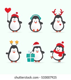 Christmas penguin characters - Set of winter cartoon vector illustrations