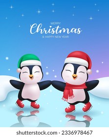 Weihnachtspinguin-Figuren, Vektordesign. Fröhliche Weihnachten und ein glücklicher Neujahr Grußtext mit doppellächelnden Pinguinen-Charakter im Winterschnee. Weihnachtszeit für Vektorgrafiken 