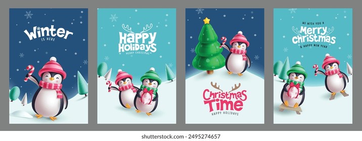 Christmas penguin characters vector poster set design. Merry christmas and happy new year greeting card with penguin character in winter background collection. Vector illustration holiday season