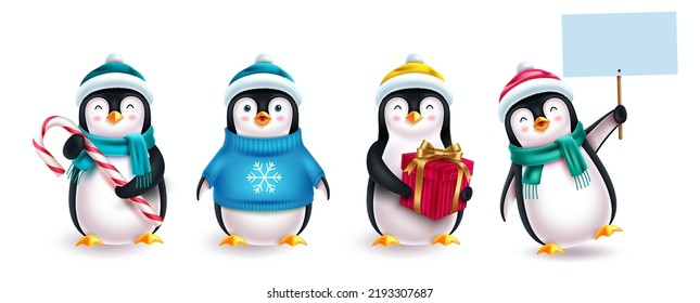 Christmas penguin characters vector set. 3d penguin character with hat, sweater, placard and gift elements isolated in white background for xmas collection design. Vector illustration.
