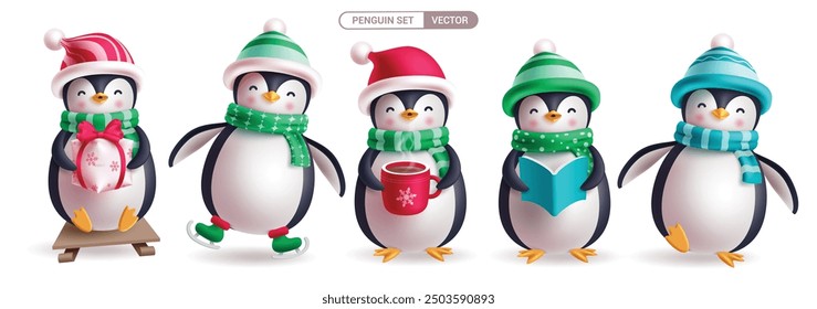 Christmas penguin characters vector set design. Penguin christmas character with holding gift box, coffee, books and wearing skating shoes elements isolated in white background. Vector illustration 