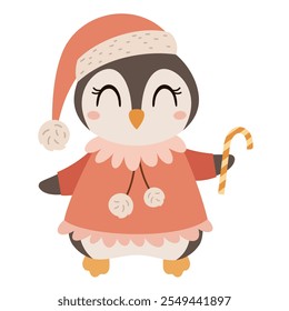 Christmas penguin clipart. Christmas animal clip art. Cute festive character. Hand draw vector illustration in flat style