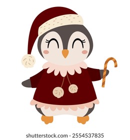 Christmas penguin clipart. Christmas animal clipart. Cute festive character. Hand draw vector illustration in flat style