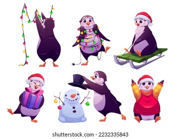 Christmas penguin, cute animal hanging festive garland, wear santa hat and sweater , holding gift box, riding sled, making snowman. Cute cartoon character prepare for holidays, Vector illustration