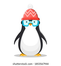 Christmas penguin. Funny snow animal, cartoon character in a winter hat and snowboard glasses.
EPS 10.