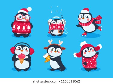 クリスマスペンギン おかしな雪の動物 かわいい赤ちゃんペンギンの冬帽のキャラクター 赤いスカーフと帽子のイラストにペンギンの動物の分離型ベクター画像セット のベクター画像素材 ロイヤリティフリー