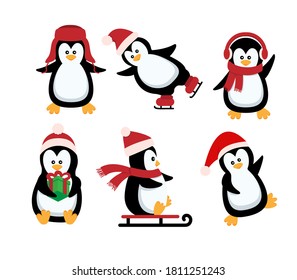 Christmas penguin. Funny snow animals, cute baby penguins cartoon characters in winter hat. Isolated vector set of penguin animal polar in red scarf and hat illustration. Eps 10