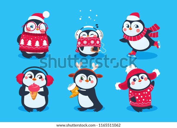 クリスマスペンギン おかしな雪の動物 かわいい赤ちゃんペンギンの冬帽のキャラクター 赤いスカーフと帽子のイラストにペンギンの動物の分離型ベクター画像セット のベクター画像素材 ロイヤリティフリー