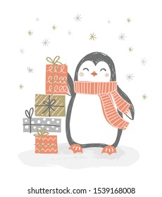 Christmas penguin with gift boxes vector illustration. Cute hand drawn penguin in winter scarf with presents. Merry Christmas greeting card design.
