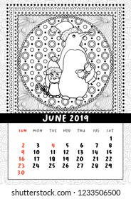 Christmas penguin with gift, calendar June 2019, Northern Mom bird with baby wish Merry Christmas and Happy New Year. Black and white mono linear coloring book page. Illustration in doodle style