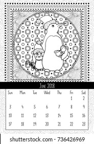 Christmas penguin with gift, calendar June 2018, Northern Mom bird with baby wish Merry Christmas and Happy New Year. Black and white mono linear coloring book page. Illustration in doodle style
