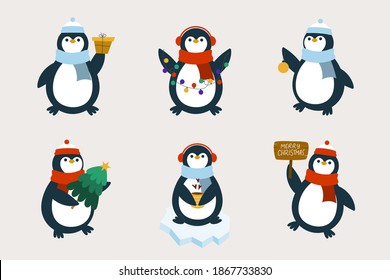 Christmas penguin with gift, cup, ball, tree, garland, and information sign. Flat vector illustration in cartoon style.