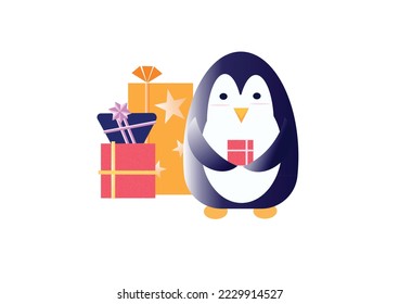 Christmas penguin with gifts, the joy of winter