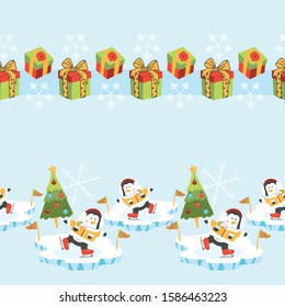 Christmas Penguin and Gifts Vector Seamless Horizontal Borders Set