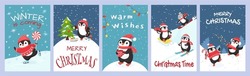 Christmas Penguin Greeting Card. Winter Is Coming, Warm Wishes And Merry Christmas Cards With Playing Penguins Cartoon Vector. Illustration Of Christmas Card Season, Background With Snow And Penguins
