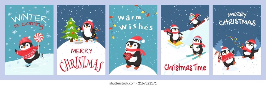 Christmas penguin greeting card. Winter is coming, warm wishes and merry christmas cards with playing penguins cartoon vector. Illustration of christmas card season, background with snow and penguins