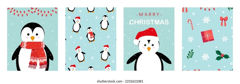 Christmas penguin greeting card. Winter is coming and merry christmas. Cartoon vector Illustration of christmas card season, background with snow and penguins