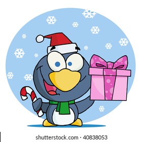 Christmas Penguin Holding A Gift And Candy Cane