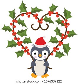 Christmas penguin holding a holly garland