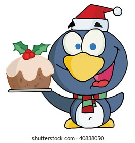 Christmas Penguin Holding Christmas Pudding