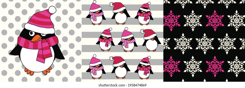 Christmas penguin pattern vector illustration. Fabric, wrapping paper, wallpaper, packaging.